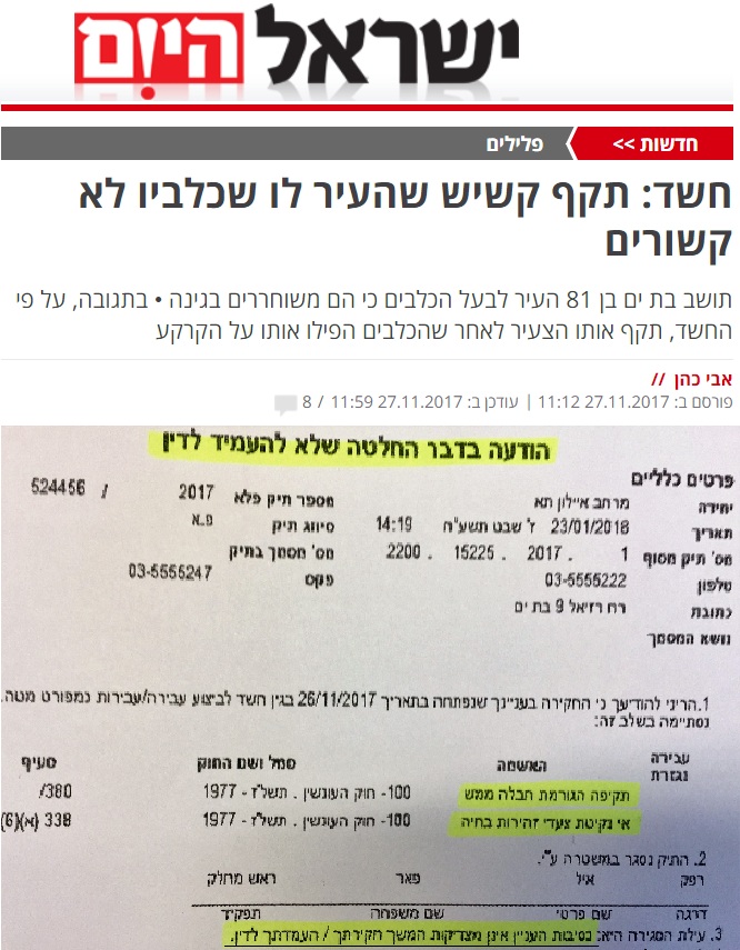 כתבה בישראל היום: חשד: תקף קשיש שהעיר לו שכלביו לא קשורים