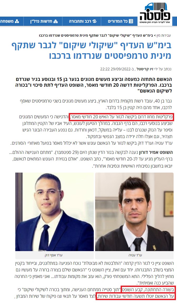 כתבה בפוסטה: בימ"ש העדיף "שיקולי שיקום" לגבר שתקף מינית טרמפיסטים שנרדמו ברכבו