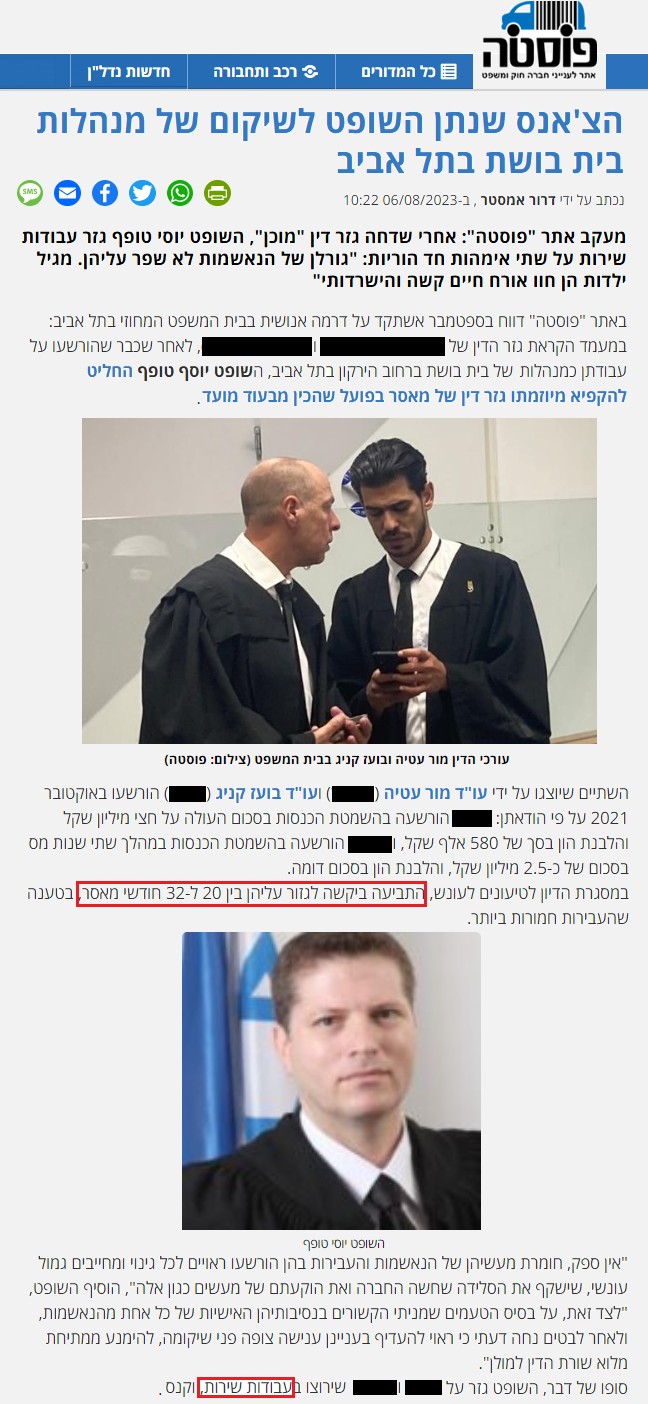 כתבה בפוסטה: הצ'אנס שהשופט נתן לשיקום של מנהלות בית בושת בתל אביב